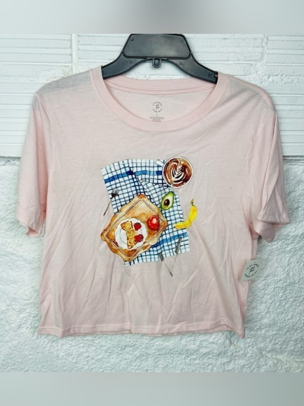 NWT To Be Honest Pink Cropped Breakfast Graphic Tee size large